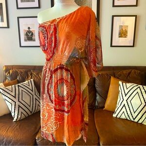 Bisou Bisou Dress One Shoulder Bohemian Paisley Print Smocked Waist Size 8 EUC